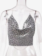 Sexy Straps Halter Metal Tops Sequin Clubwear Tops Sliver Sleeveless Spaghetti Straps Cami Draped Crop For Women