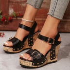 Valentina Rossi Studded Wedge Sandals with Buckle