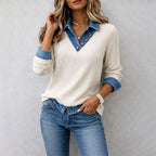 Valentina Rossi Ribbed Sweater with Denim Collar