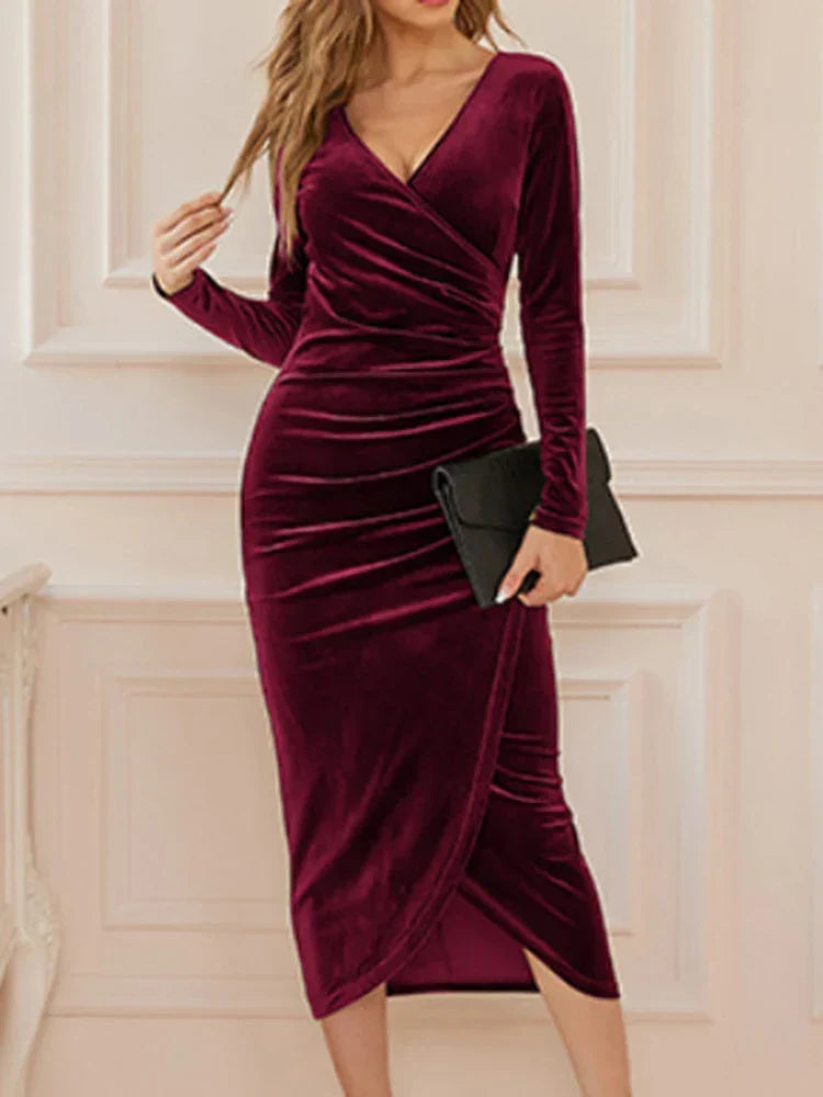 Velvet Wrap V-Neck Long Sleeve Ruched Tulip Hem Bodycon Midi Dress