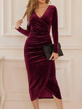 Velvet Wrap V-Neck Long Sleeve Ruched Tulip Hem Bodycon Midi Dress