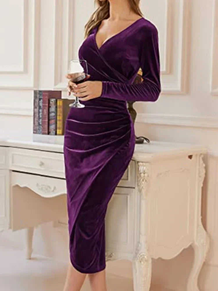 Velvet Wrap V-Neck Long Sleeve Ruched Tulip Hem Bodycon Midi Dress