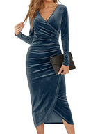 Velvet Wrap V-Neck Long Sleeve Ruched Tulip Hem Bodycon Midi Dress