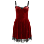 Velvet Sweetheart Lace Trim Spaghetti Strap A-Line Mini Dress