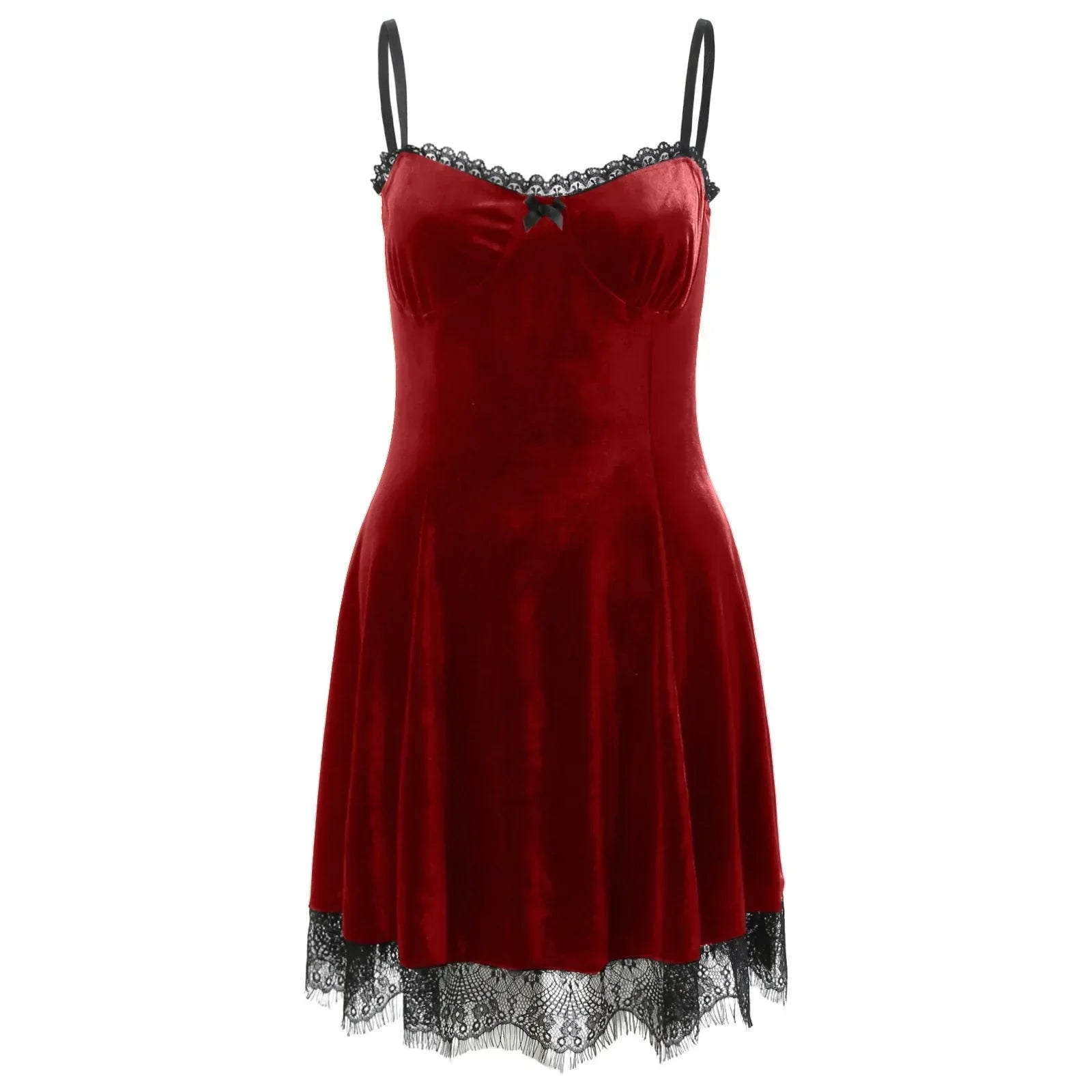 Velvet Sweetheart Lace Trim Spaghetti Strap A-Line Mini Dress