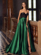 Strapless Lace Corset Bodice Pleated Satin High Slit Maxi Gown
