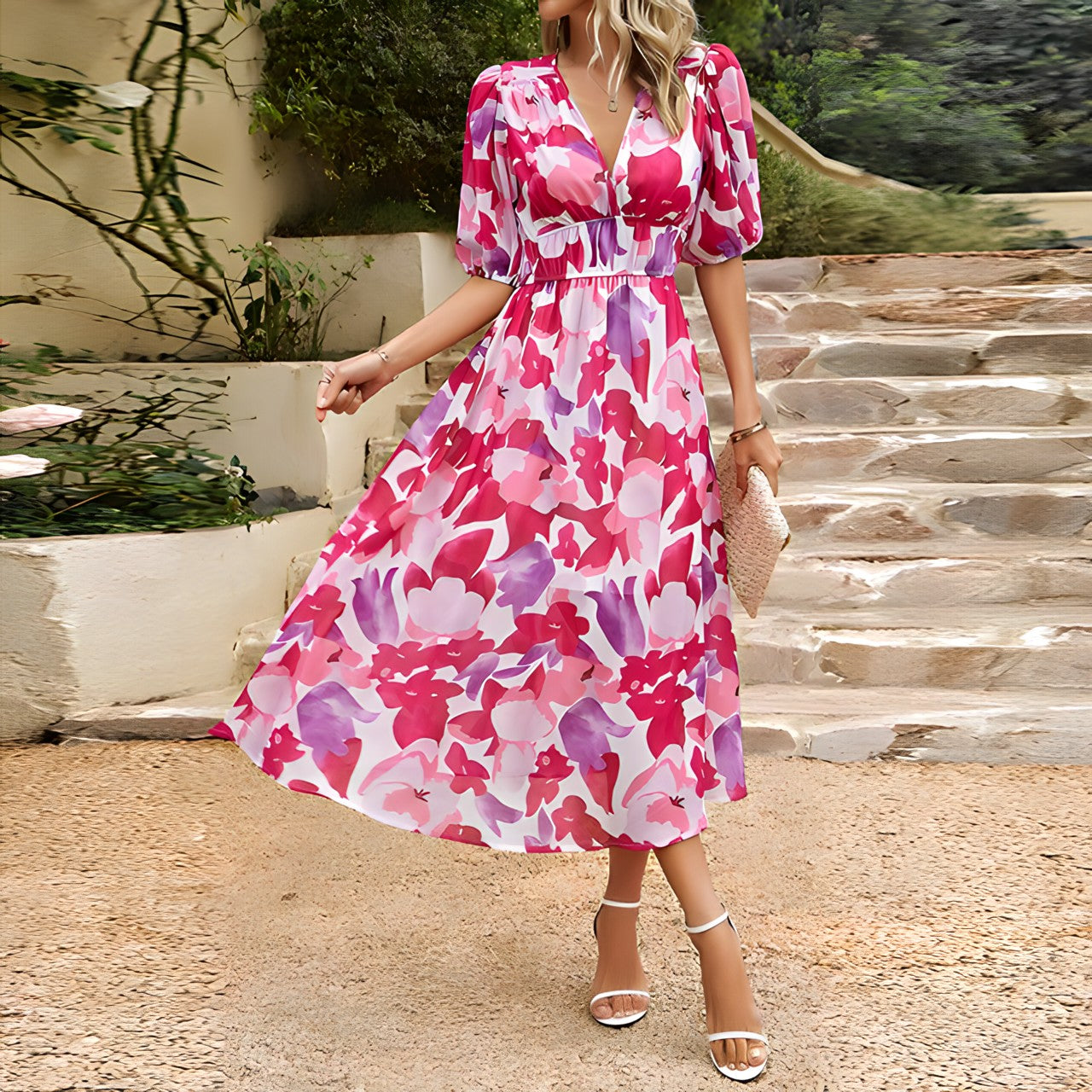 Nadia Statement V Neck Midi Dress Summer Designer Edit