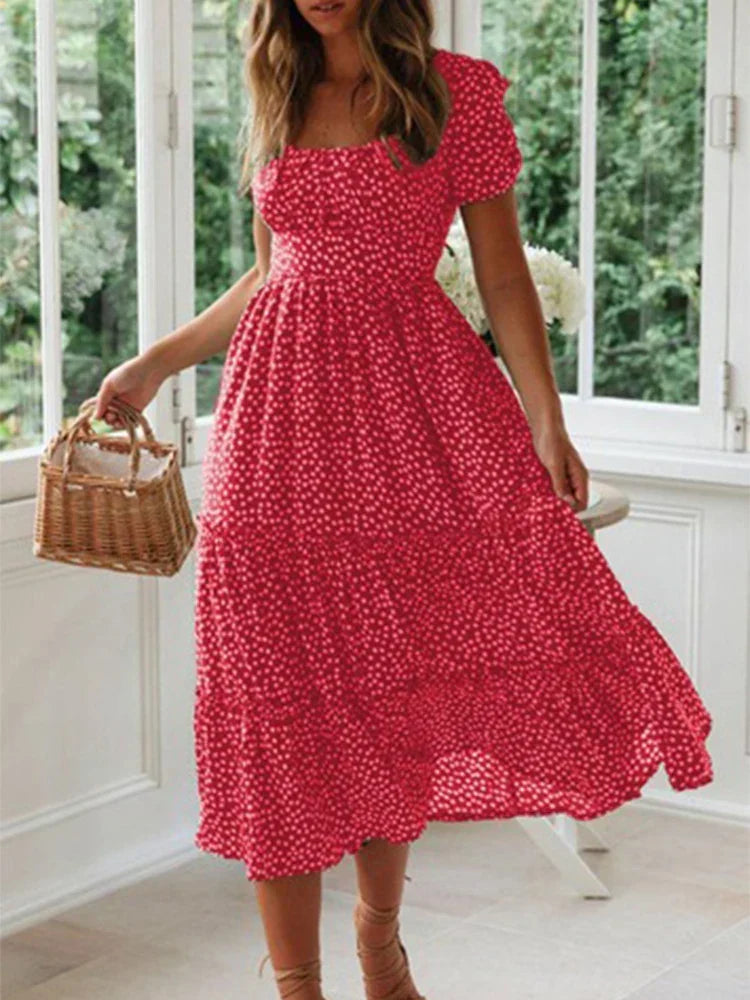 Ditsy Polka Dot Square Neck Puff Sleeve Tiered A-Line Midi Dress