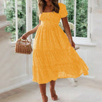 Ditsy Polka Dot Square Neck Puff Sleeve Tiered A-Line Midi Dress