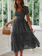 Ditsy Polka Dot Square Neck Puff Sleeve Tiered A-Line Midi Dress
