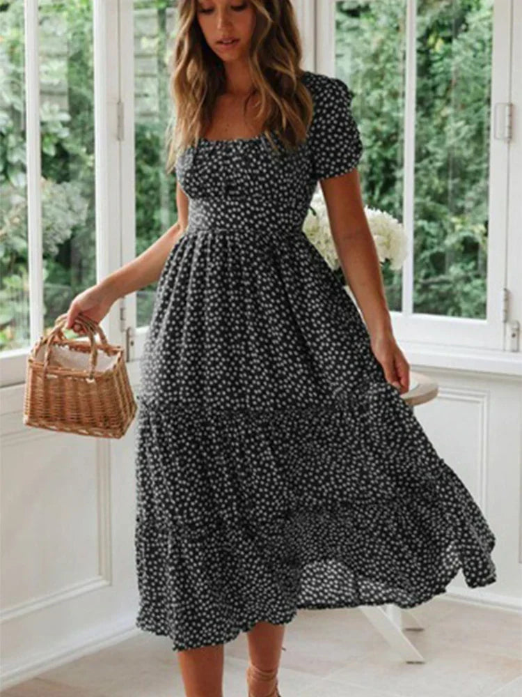 Ditsy Polka Dot Square Neck Puff Sleeve Tiered A-Line Midi Dress