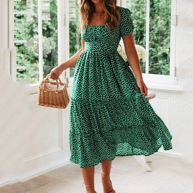 Ditsy Polka Dot Square Neck Puff Sleeve Tiered A-Line Midi Dress
