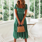 Ditsy Polka Dot Square Neck Puff Sleeve Tiered A-Line Midi Dress
