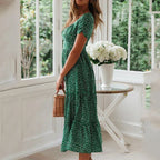 Ditsy Polka Dot Square Neck Puff Sleeve Tiered A-Line Midi Dress