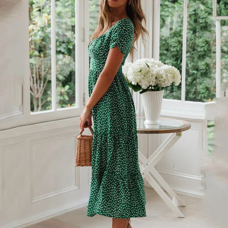 Ditsy Polka Dot Square Neck Puff Sleeve Tiered A-Line Midi Dress