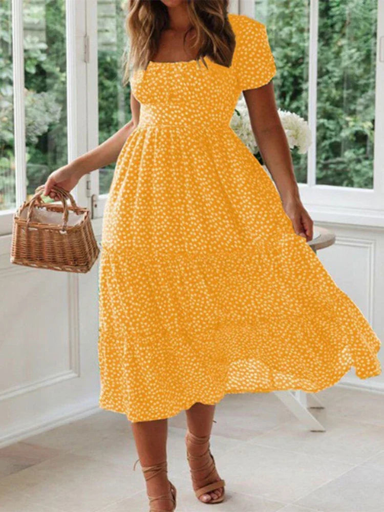 Ditsy Polka Dot Square Neck Puff Sleeve Tiered A-Line Midi Dress