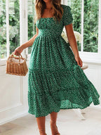 Ditsy Polka Dot Square Neck Puff Sleeve Tiered A-Line Midi Dress