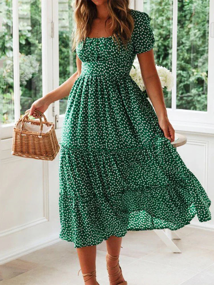 Ditsy Polka Dot Square Neck Puff Sleeve Tiered A-Line Midi Dress