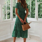 Ditsy Polka Dot Square Neck Puff Sleeve Tiered A-Line Midi Dress