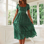 Ditsy Polka Dot Square Neck Puff Sleeve Tiered A-Line Midi Dress