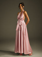 Sweetheart Neck Satin Box Pleat A Line Cape Shawl Overlay Backless Gown