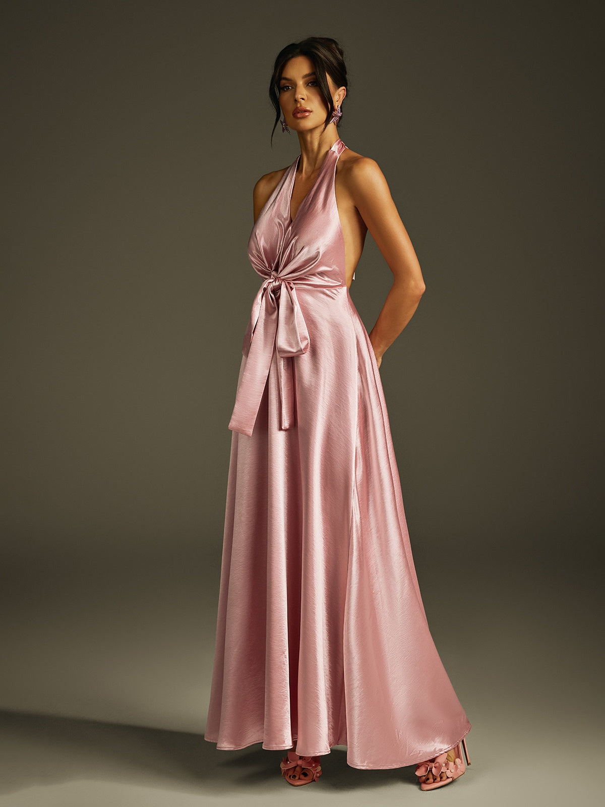 Sweetheart Neck Satin Box Pleat A Line Cape Shawl Overlay Backless Gown