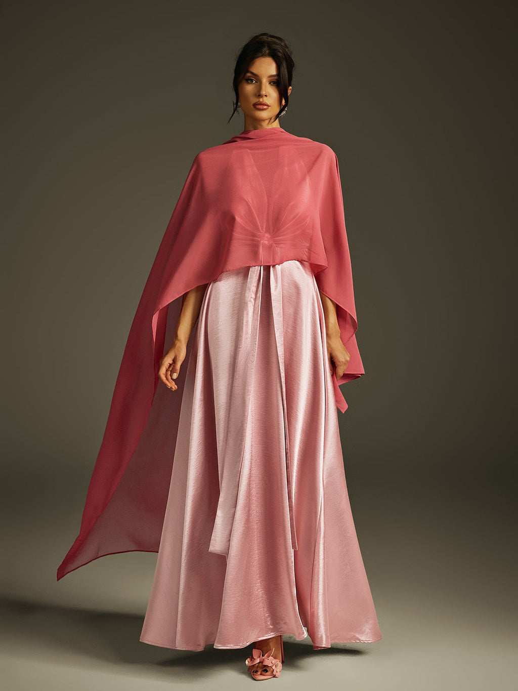 Sweetheart Neck Satin Box Pleat A Line Cape Shawl Overlay Backless Gown