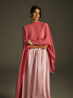 Sweetheart Neck Satin Box Pleat A Line Cape Shawl Overlay Backless Gown