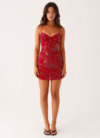 Beaded Floral Embroidery Sweetheart Spaghetti Strap Bodycon Mini Dress