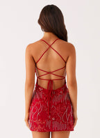 Beaded Floral Embroidery Sweetheart Spaghetti Strap Bodycon Mini Dress