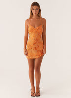 Beaded Floral Embroidery Sweetheart Spaghetti Strap Bodycon Mini Dress