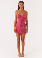 Beaded Floral Embroidery Sweetheart Spaghetti Strap Bodycon Mini Dress