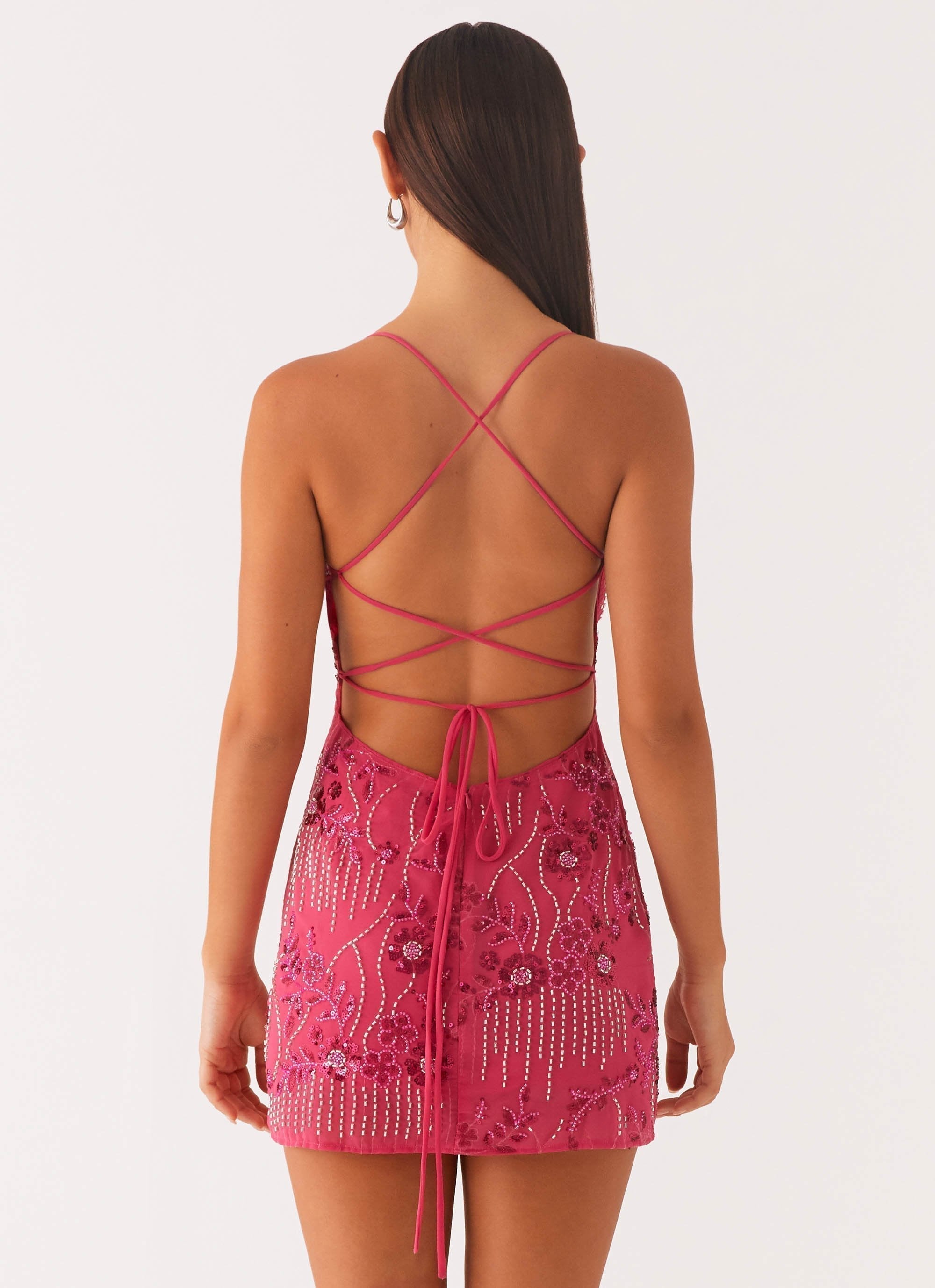 Beaded Floral Embroidery Sweetheart Spaghetti Strap Bodycon Mini Dress