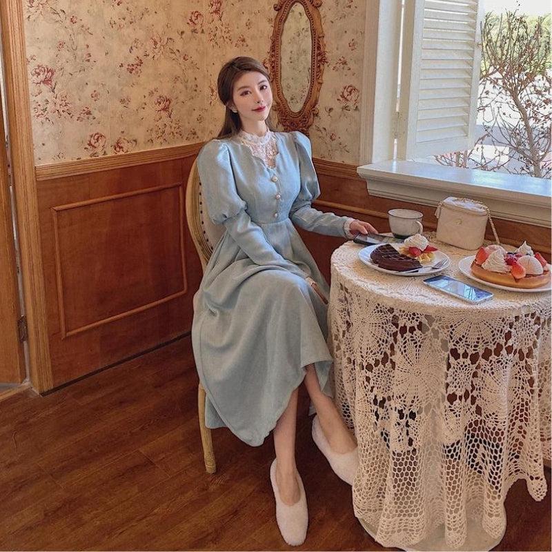 Lace Insert Mock Neck Pearl Button Puff Sleeve A-Line Midi Dress