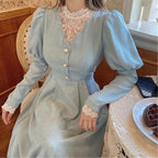 Lace Insert Mock Neck Pearl Button Puff Sleeve A-Line Midi Dress