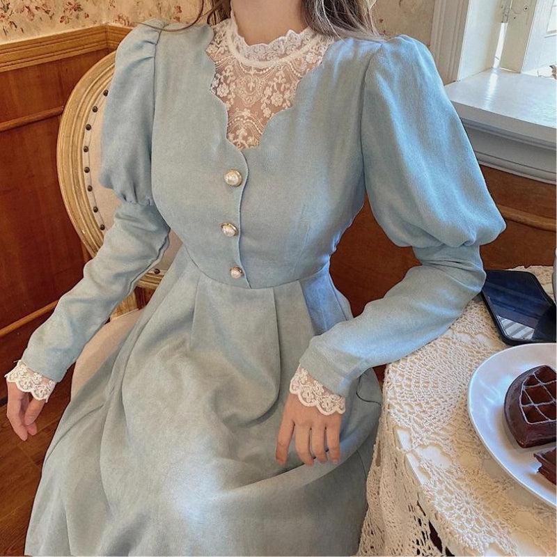 Lace Insert Mock Neck Pearl Button Puff Sleeve A-Line Midi Dress