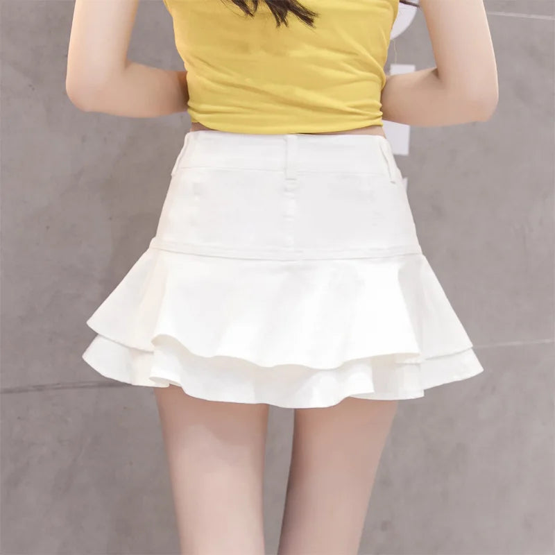 Denim Tiered Ruffle High Waist Mini Skirt