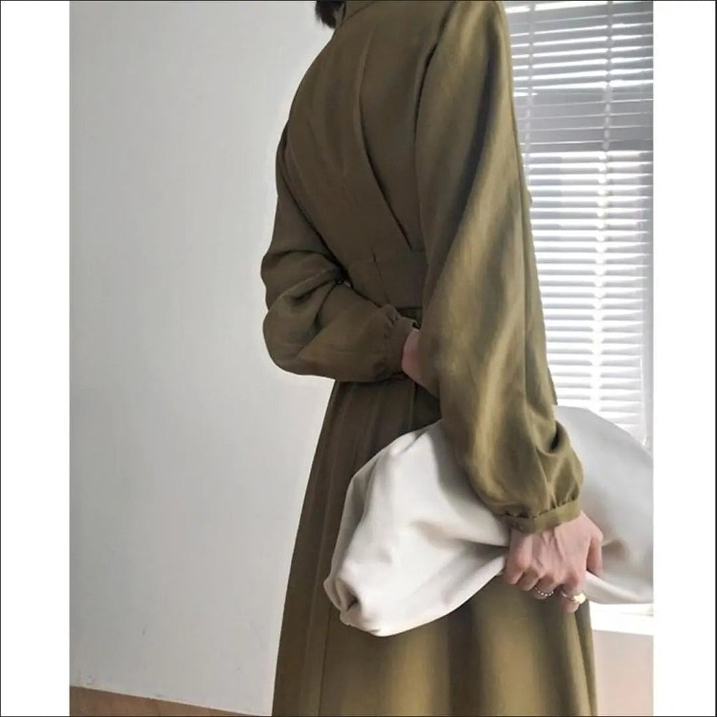 Mock Neck Lantern Sleeve Pleated Waist A-Line Maxi Dress