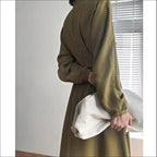 Mock Neck Lantern Sleeve Pleated Waist A-Line Maxi Dress