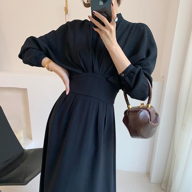 Mock Neck Lantern Sleeve Pleated Waist A-Line Maxi Dress