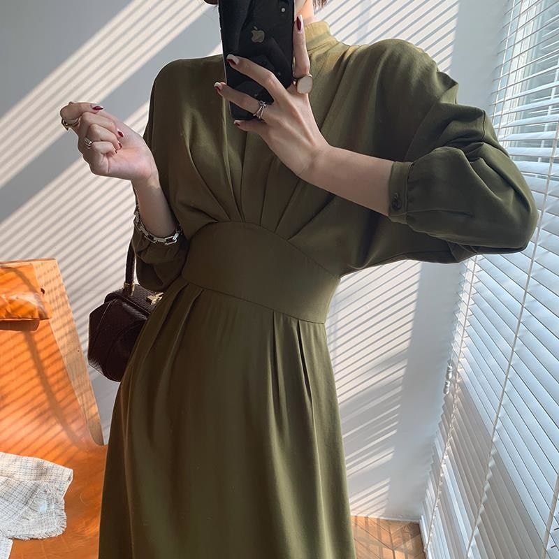 Mock Neck Lantern Sleeve Pleated Waist A-Line Maxi Dress