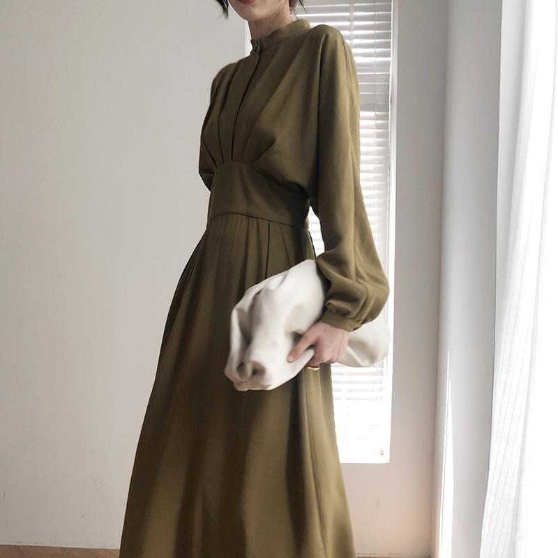 Mock Neck Lantern Sleeve Pleated Waist A-Line Maxi Dress