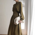 Mock Neck Lantern Sleeve Pleated Waist A-Line Maxi Dress