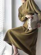 Mock Neck Lantern Sleeve Pleated Waist A-Line Maxi Dress