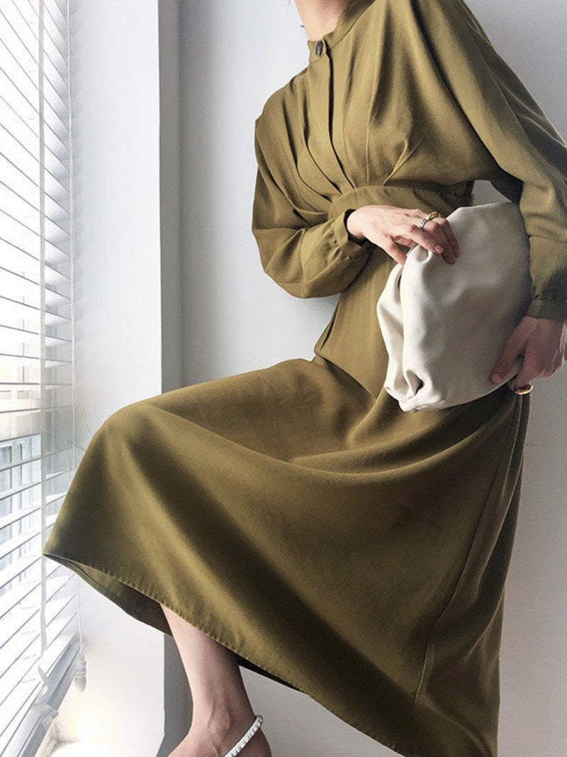 Mock Neck Lantern Sleeve Pleated Waist A-Line Maxi Dress