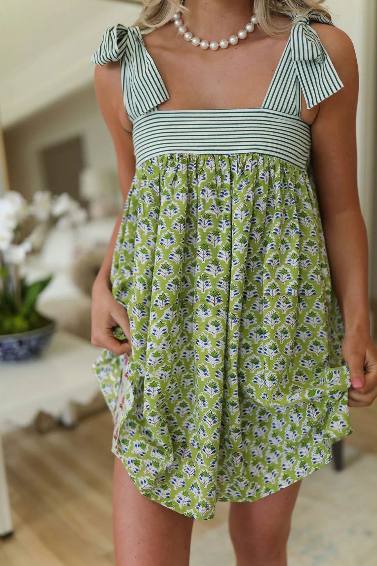 Striped Bodice Tie Shoulder Strap Floral Print Empire Waist Mini Dress