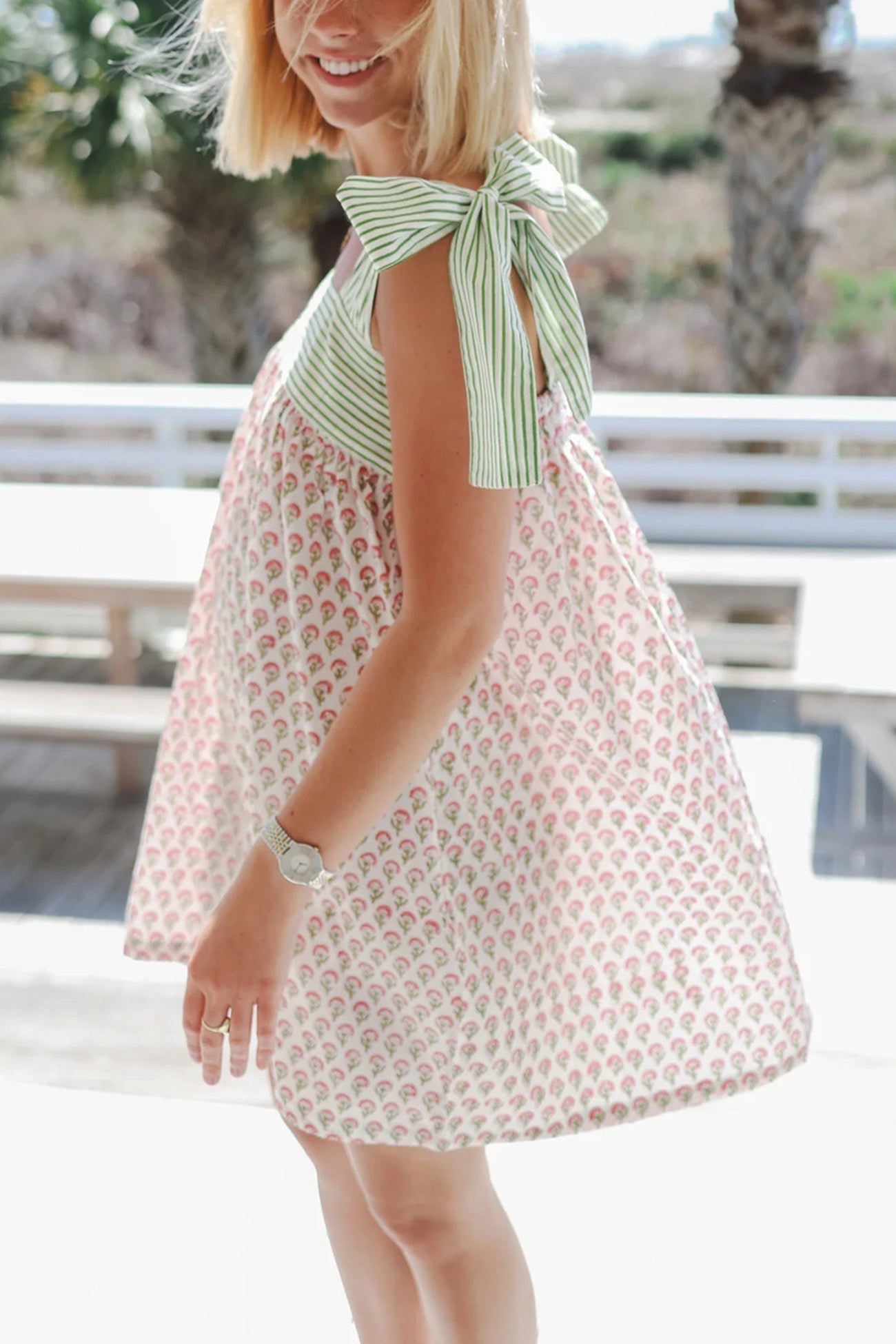Striped Bodice Tie Shoulder Strap Floral Print Empire Waist Mini Dress
