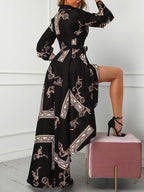 Button Front Lace-Up V-Neck Baroque Print High-Low Shirt Dress