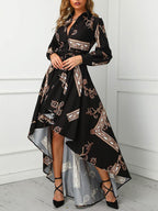 Button Front Lace-Up V-Neck Baroque Print High-Low Shirt Dress
