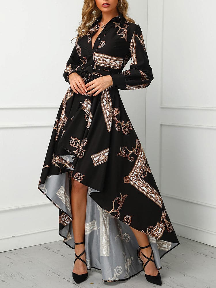 Button Front Lace-Up V-Neck Baroque Print High-Low Shirt Dress